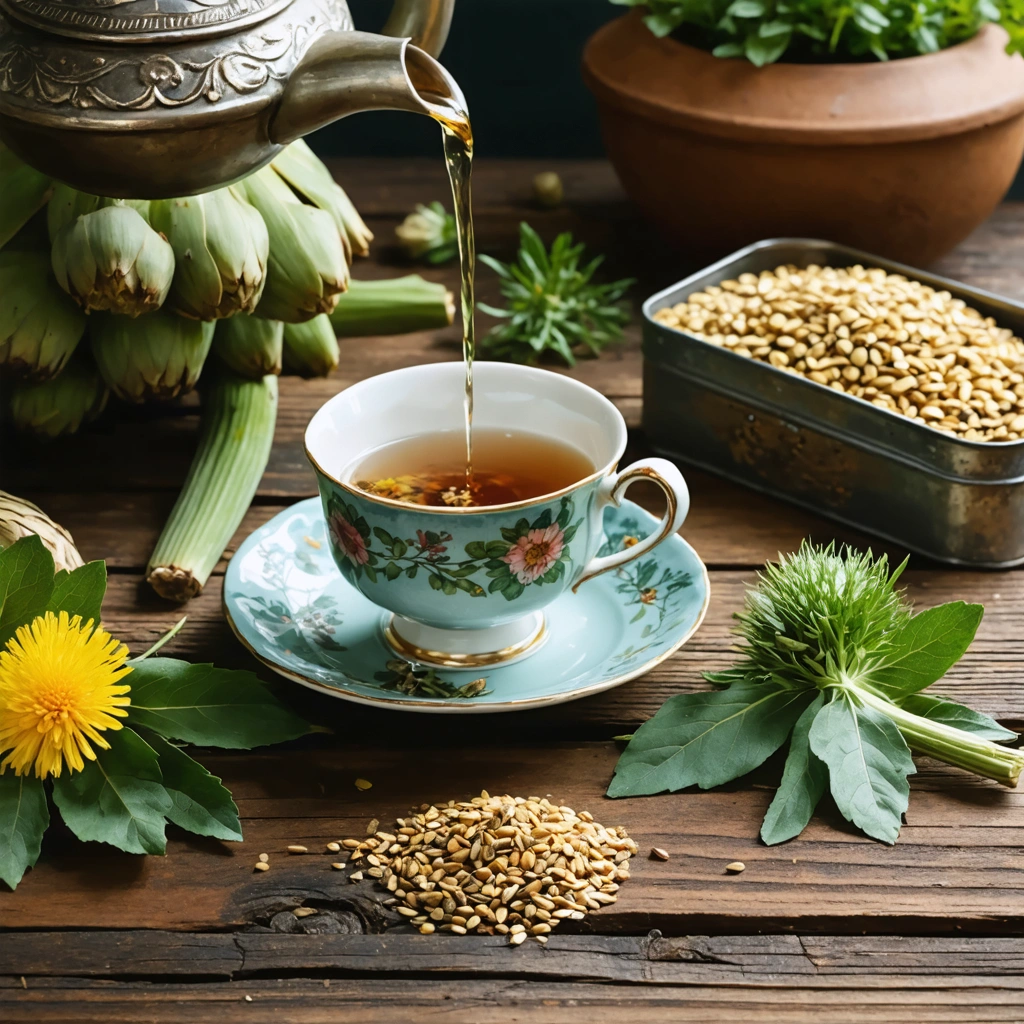 Une table en bois accueillante sur laquelle on verse une tisane dans une tasse entourée de feuilles d'artichaut, de fleurs de pissenlit et de graines de fenugrec, avec une théière vintage et un pot d'herbes, rappelant les remèdes de grand-mère.
