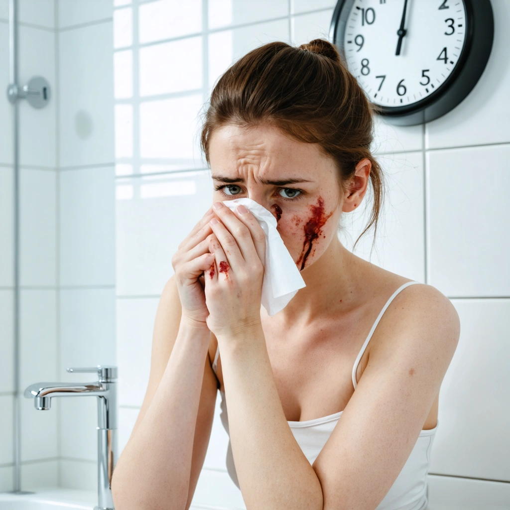 Une femme assise dans une salle de bain moderne, l'air préoccupé, pressant un mouchoir sur son nez qui saigne légèrement, un réveil en arrière-plan indiquant plus de vingt minutes.
