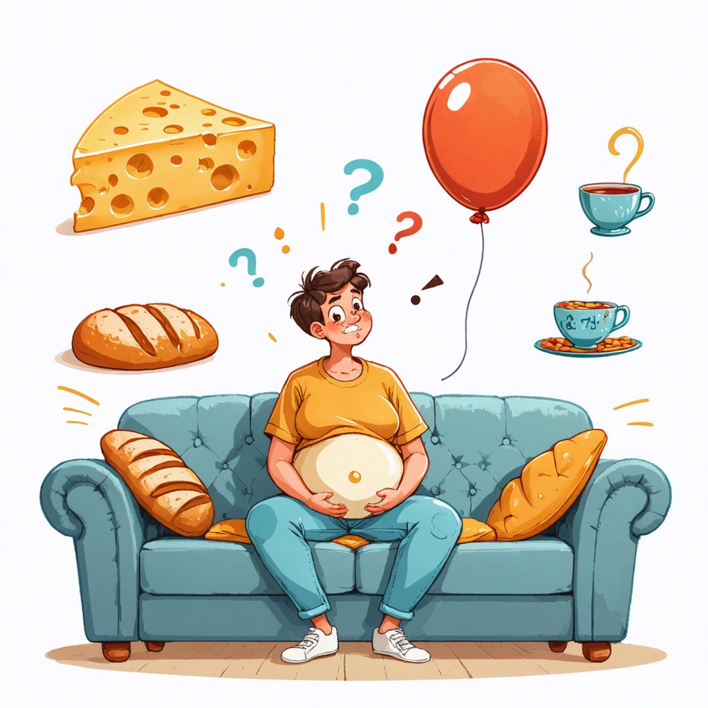 Une personne assise sur un canapé avec le ventre légèrement gonflé, entourée d’aliments comme du fromage, du pain et une tasse, dans une ambiance chaleureuse et humoristique.