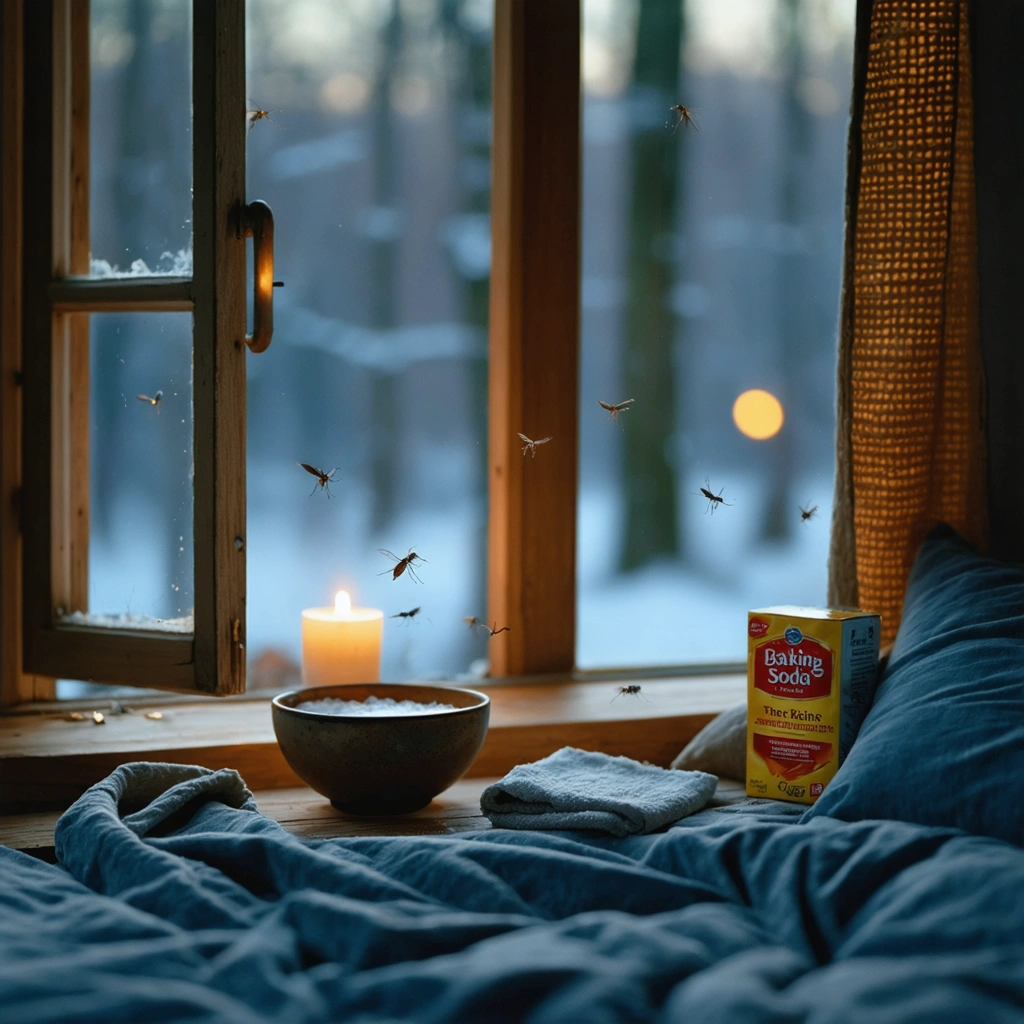 Un bol de vinaigre et une boîte de bicarbonate de soude posés sur un rebord de fenêtre dans une chambre, avec des moustiques qui restent à l'extérieur.