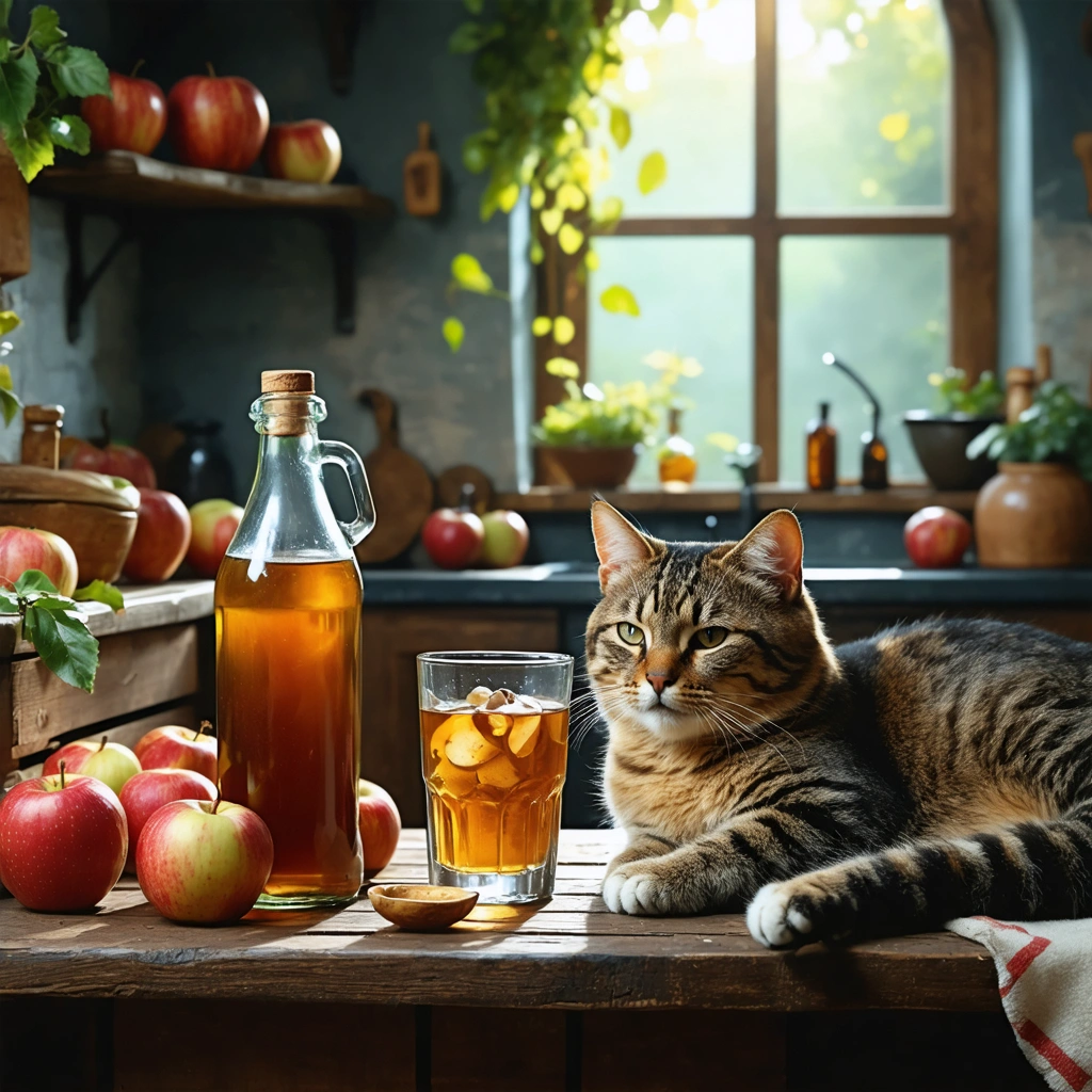 Bouteille de vinaigre de cidre sur une table rustique, à côté d’un verre d’eau tiède et d’une cuillère, avec des pommes et un chat qui dort paisiblement, dans une ambiance chaleureuse de cuisine de village.