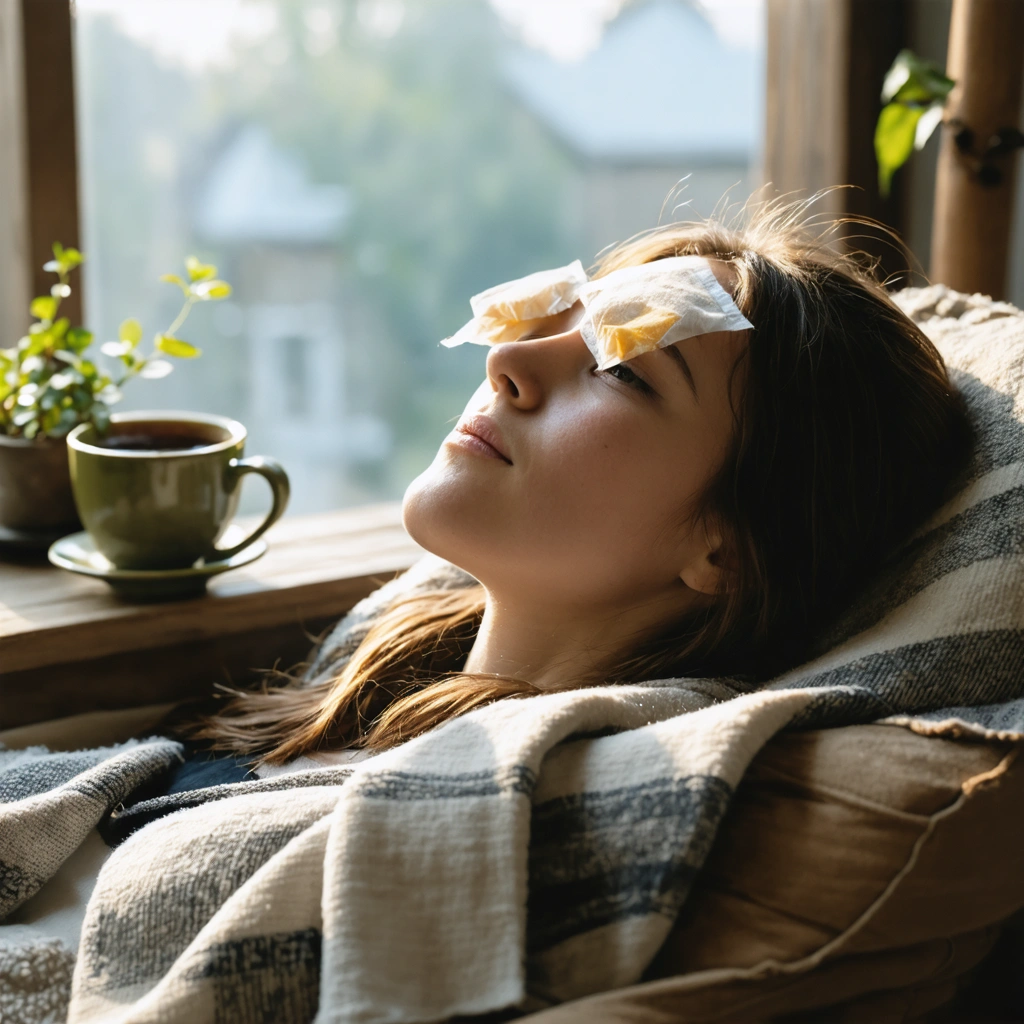 Une personne détendue allongée sur un canapé, les yeux fermés recouverts de sachets de thé refroidis, symbolisant un moment d'apaisement et de soin maison contre la sensation de froid ou d'irritation.