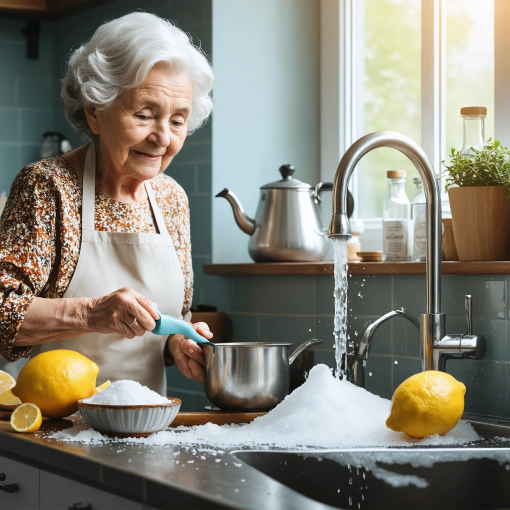 Mamie Colette verse du vinaigre et du bicarbonate dans un évier pour déboucher naturellement la canalisation, avec sel, citron et eau bouillante à portée de main.