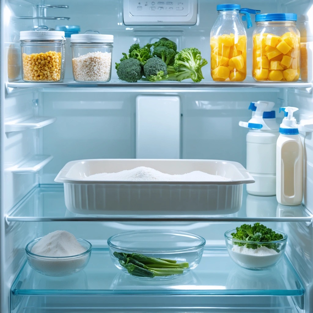 Un réfrigérateur ouvert avec une assiette de bicarbonate de soude posée sur l'étagère du milieu, prêt à neutraliser les mauvaises odeurs.