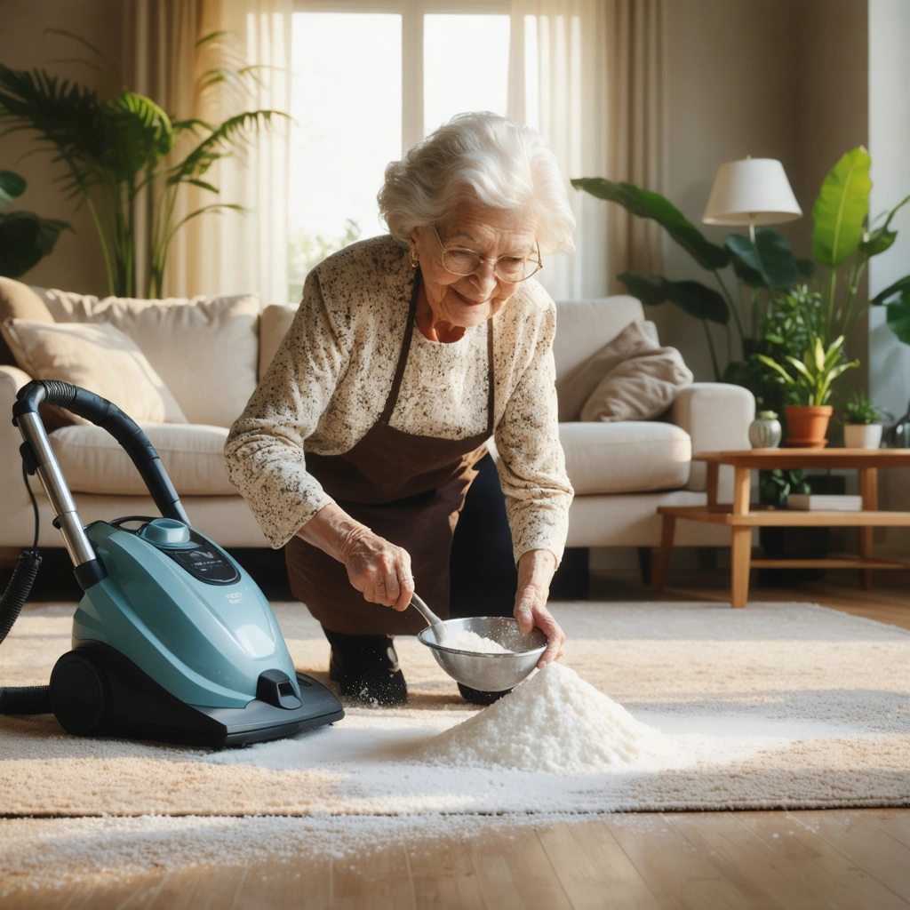 Mamie Colette saupoudre du bicarbonate de soude sur un tapis beige avec une petite passoire, un aspirateur posé à côté dans un salon ensoleillé.
