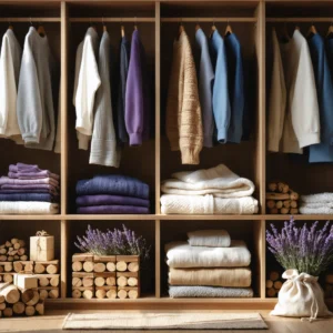 Placard en bois avec sachets de lavande, blocs de cèdre et pulls en laine soigneusement rangés pour éloigner les mites