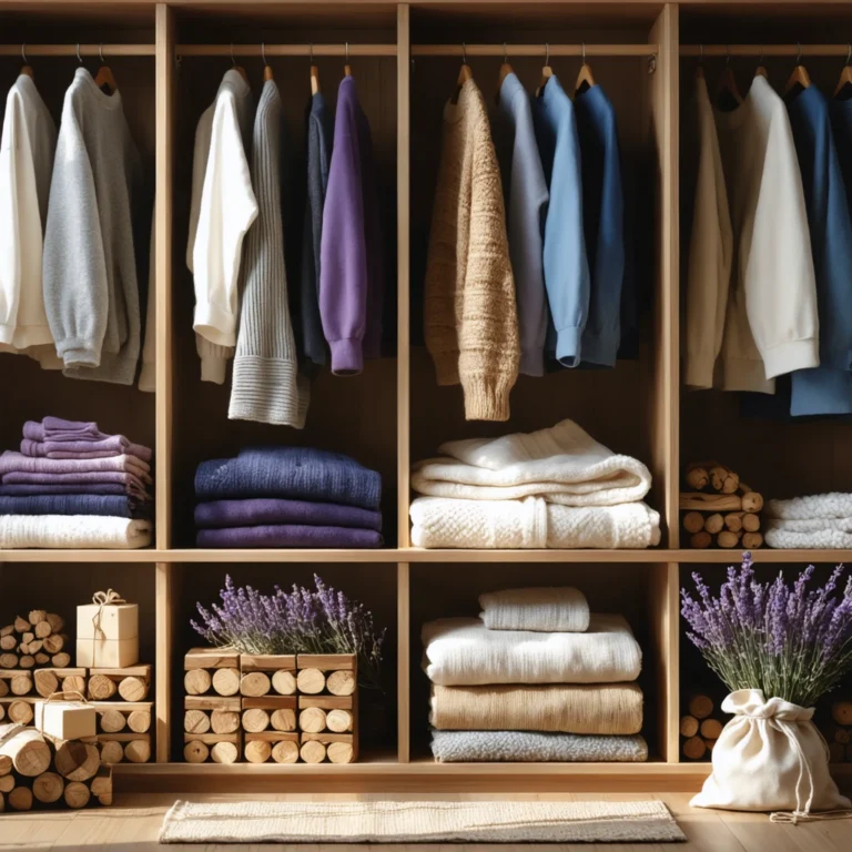 Placard en bois avec sachets de lavande, blocs de cèdre et pulls en laine soigneusement rangés pour éloigner les mites